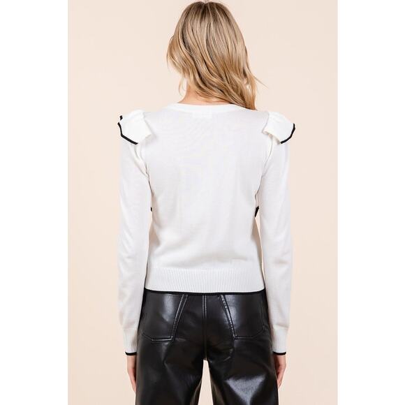 MITTOSHOP White Black Retro Style Contrast Trim Ruffled Round Neck Knit Top NEW - Picture 6 of 6